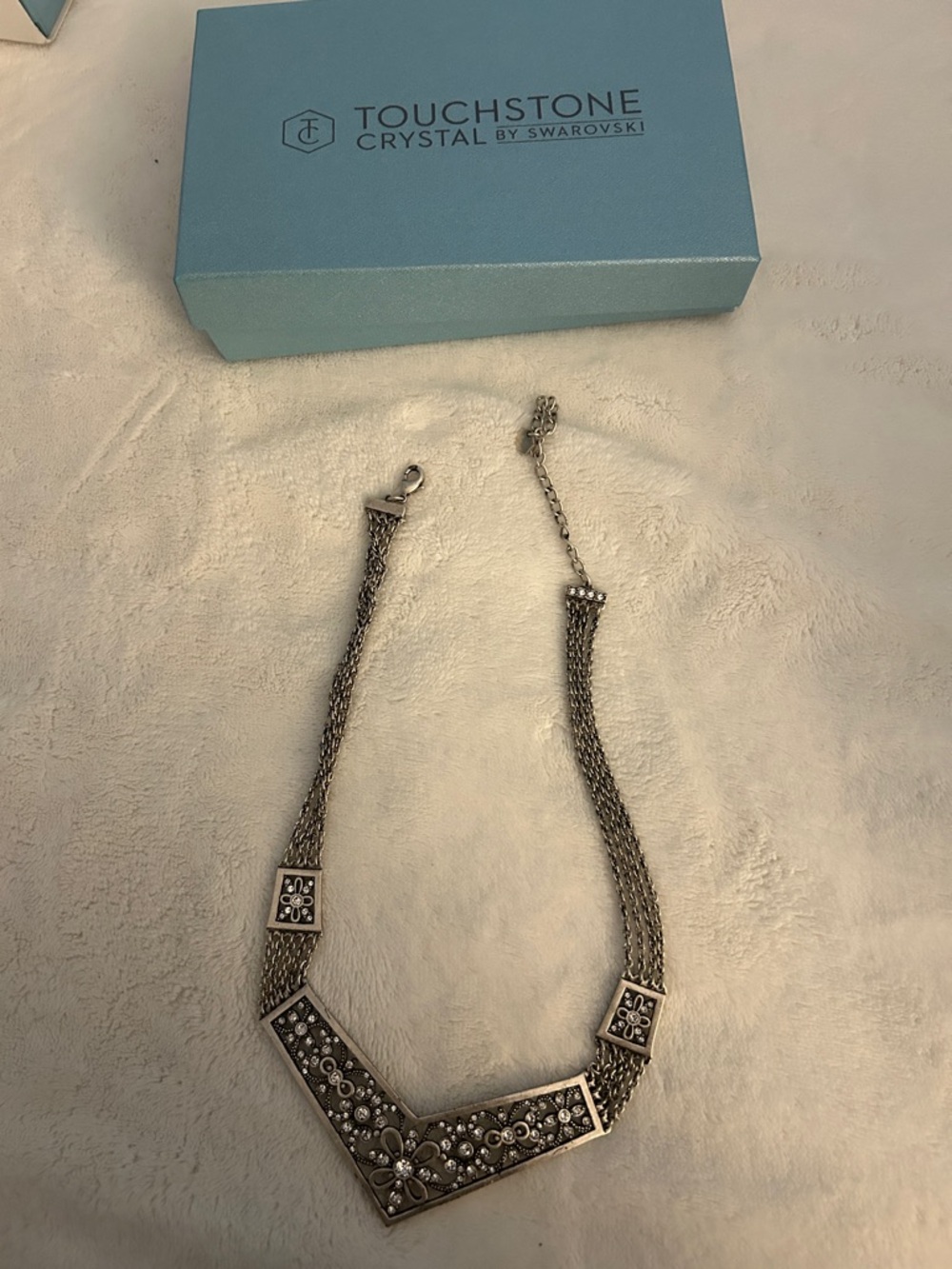 Touchstone Crystal Silver Floral Chevron Multi-Chain Necklace